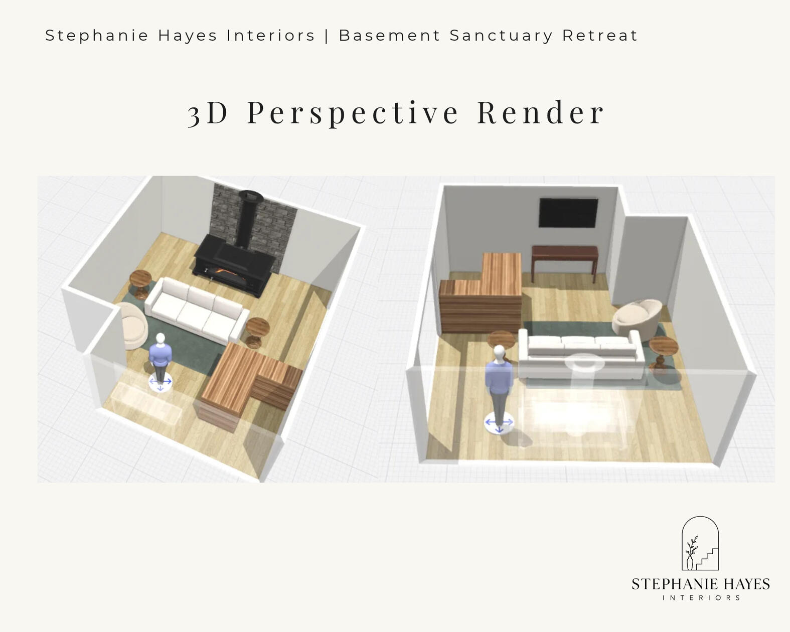 3D perspective view showing furniture placement and spatial layout of the proposed basement design