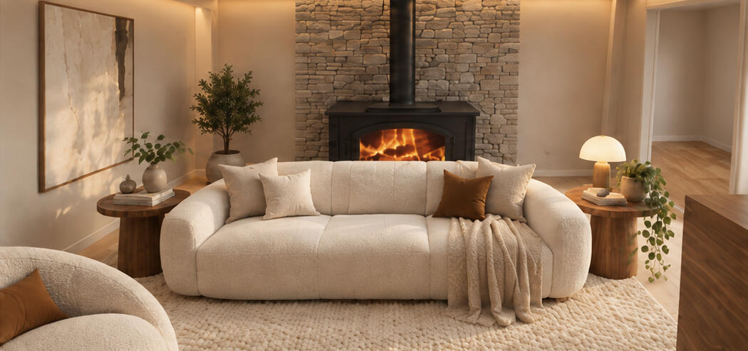 Warm organic modern basement living room with curved sofa and stone fireplace