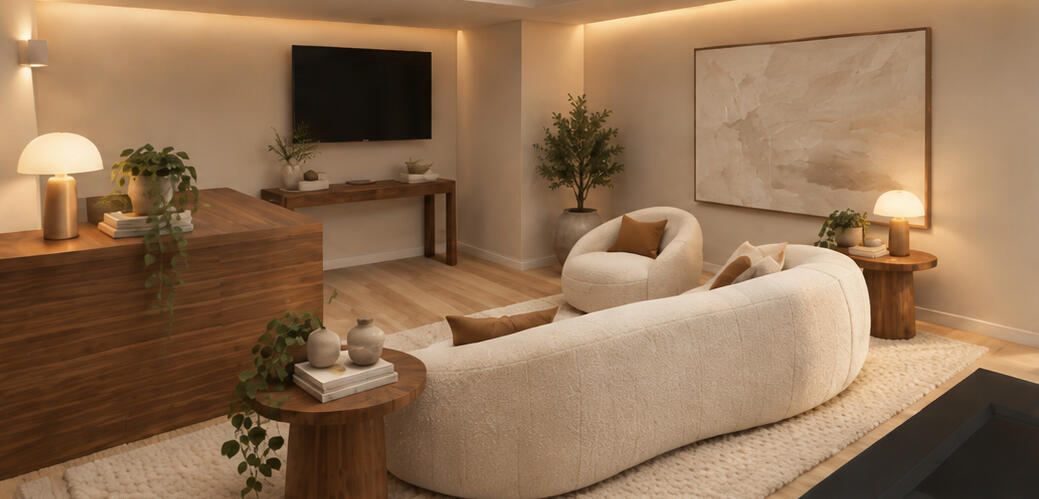 Warm organic modern basement living area with TV wall, wood bar cabinetry, curved seating, and natural wood accents