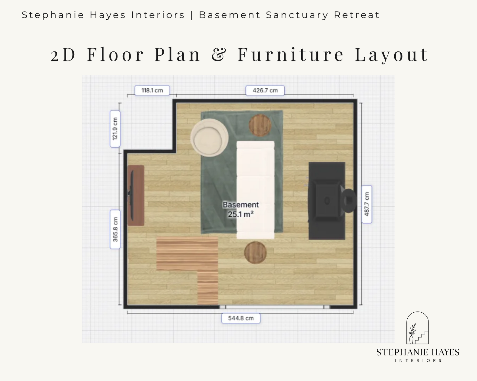2D floor plan showing furniture layout and spatial planning for a basement living area